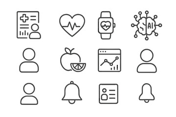 Health Monitoring Icons. Outline icon set of Personalized health monitoring: medical chart, heart rate,