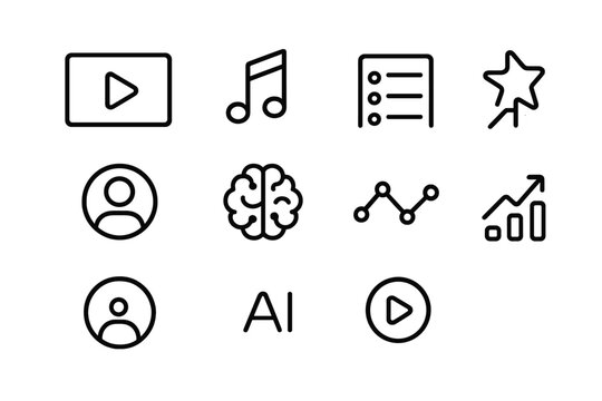 Personalized Media Icons. Outline icon set of Personalized media streaming: video screen, music note, playlist
