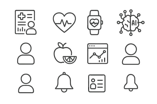 Health Monitoring Icons. Outline icon set of Personalized health monitoring: medical chart, heart rate,
