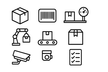 Automated Packaging Icons. Outline icon set of Automated packaging inspection: box, barcode, scale, robotic