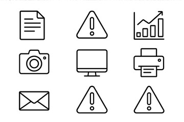 Automated Reporting Icons. Outline icon set of Automated defect reporting: report document, exclamation mark,