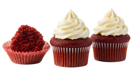 Delicious Cupcake with cream cheese Frosting and Rainbow Sprinkles on White Background, red velvet cupcake isolated on transparent background, Closeup of Sweet Cupcake Dessert with Colorful Sprinkles