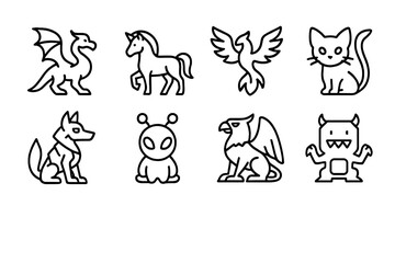 Fantasy Creature Icons. Outline icon set of fantasy digital creatures: dragon, unicorn, phoenix, fairy cat,