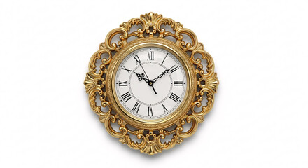 Elegant ornate gold wall clock with Roman numerals and ornate detailing