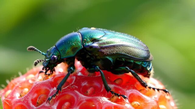 Emerald Beetle on Strawberry A Vibrant Macro Look at Nature