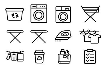 Laundry Workflow Icons. Outline icon set of laundry workflow zones: sorting bin, washing machine, tumble dryer, drying rack,