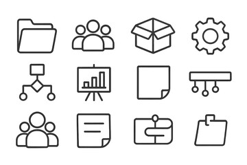 Project Learning Icons. Outline icon set of project-based learning: project folder, teamwork icon, prototype