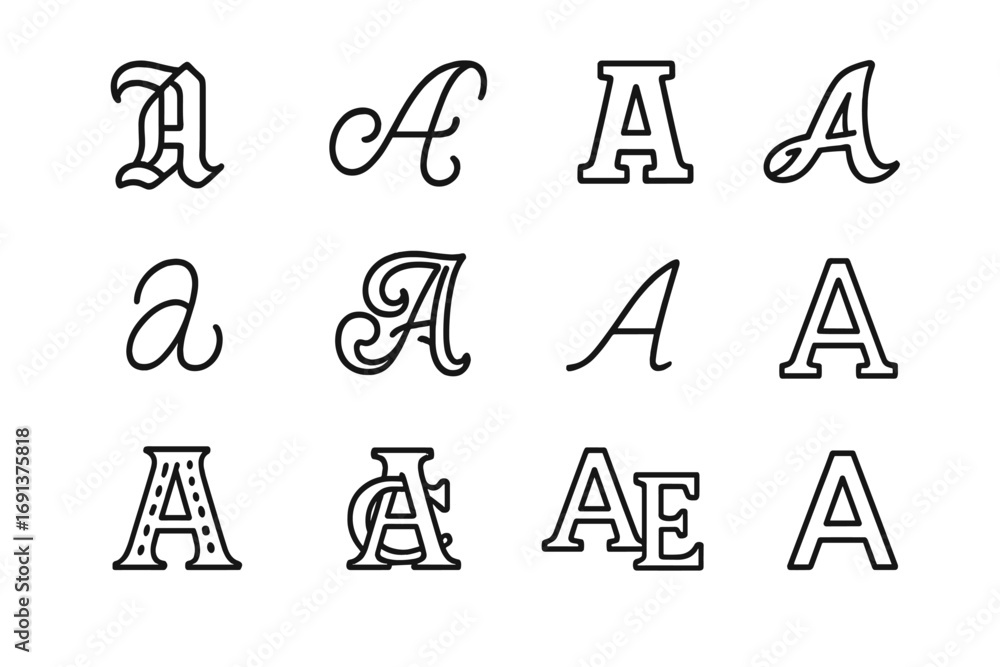 Poster outline lettering icon set. outline icon set of lettering styles: gothic script, cursive swirl, bloc
