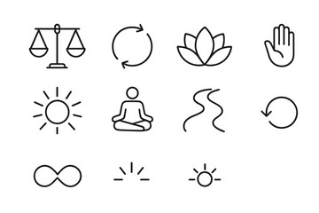 Karma Icon Set. Outline icon set of the concept of karma: balance scale, circular arrows, lotus flower, open