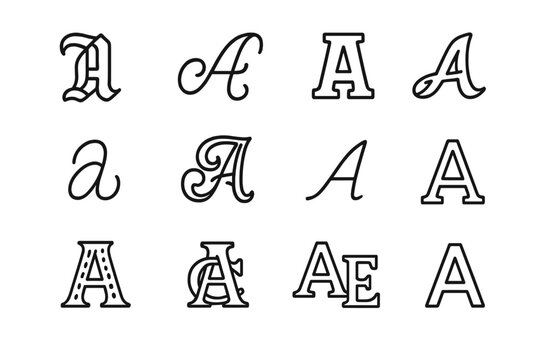 Outline Lettering Icon Set. Outline icon set of lettering styles: gothic script, cursive swirl, block serif, brush lettering,