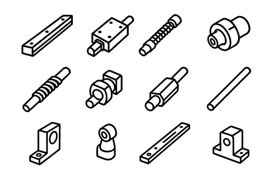 Linear Motion Icon Set. Outline icon set of Linear motion & guides: linear rail, carriage block, ball screw, ball nut, lead screw,