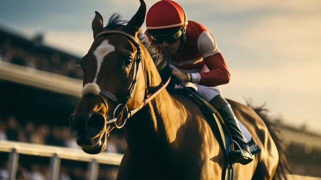 Equestrian sport, jockey riding racehorse at track