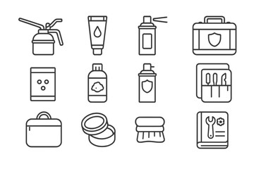 Lubrication Tool Icons. Outline icon set of lubricating and protecting tools: oil can, grease tube, lubricant spray, protective