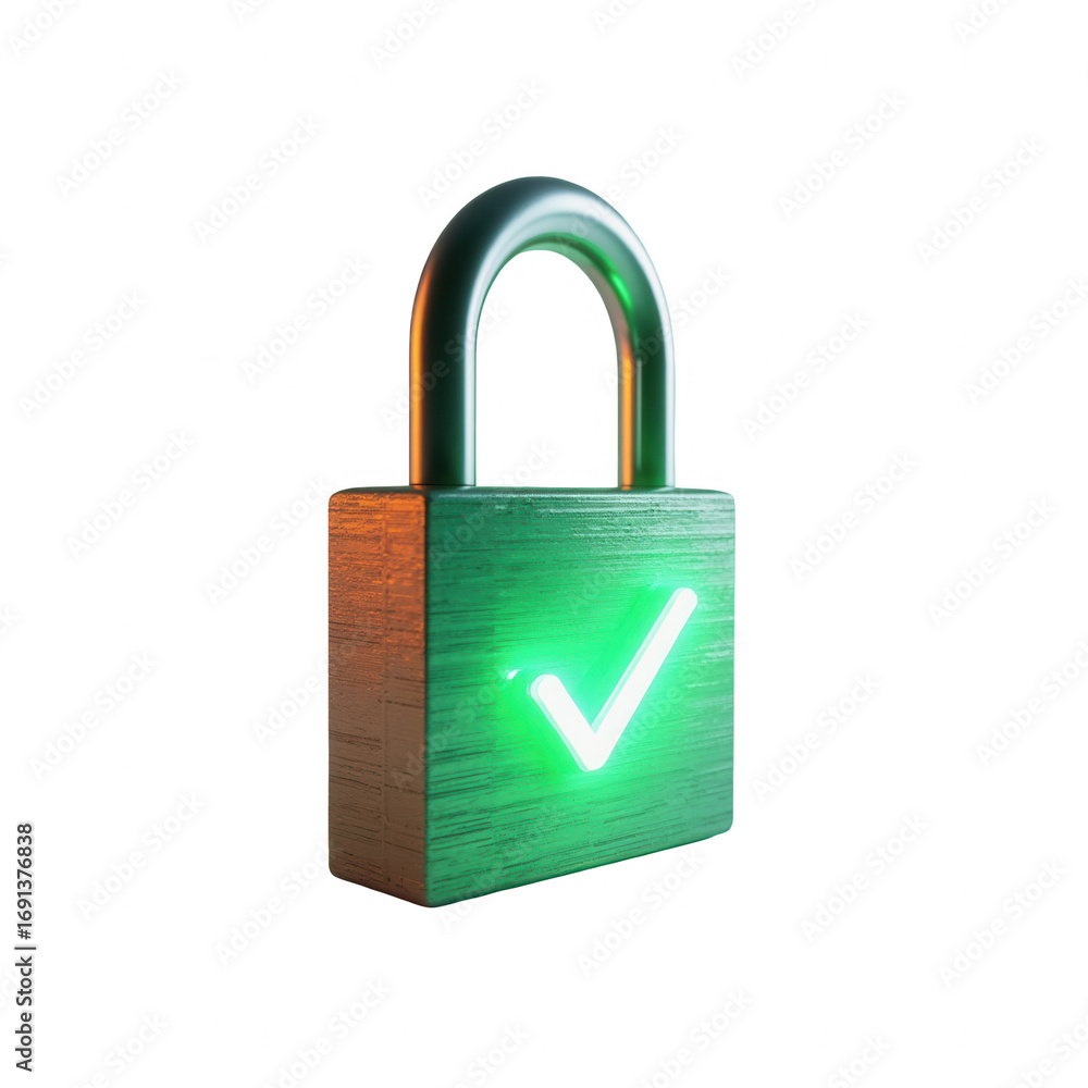 Poster a metallic padlock with a glowing green checkmark signifies security and approval.