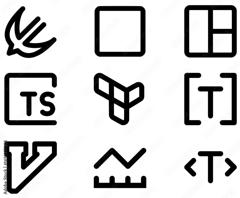 Fototapete collection of nine distinct programming and development related icons in a minimalist black and whit