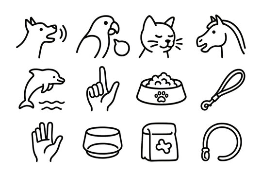 Animal Communication Icons. Outline icon set of animal-human communication: dog bark, parrot speech, cat purr,