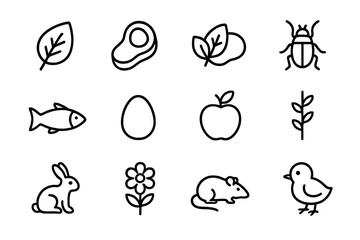 Mammal vs Reptile Diet Icons. Outline icon set of mammal vs reptile diet: herbivore leaf, carnivore meat, omnivore mix, insect,