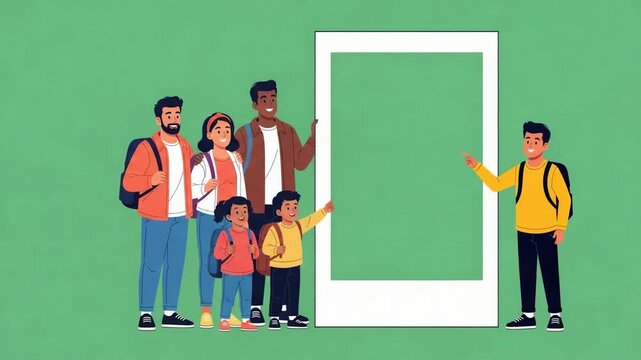 Diverse family stands by blank frame as guide points, perfect for travel ads and educational content with green background animation