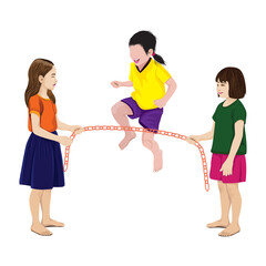 Three girls are having fun playing jump rope.vector design