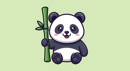 Obraz premium Cute cartoon panda bear sitting and holding a bamboo stalk.