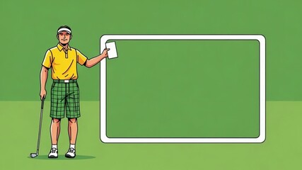 Golf instructor presenting information on a green screen perfect for educational and promotional content about golf techniques and sports information.