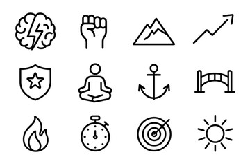 Fototapeta premium Mental Strength Icons. Outline icon set of Mental strength icons: brain with lightning, clenched fist, mountain silhouette, rising