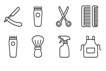 Barber Tools Icons. Outline icon set of Barber tools: straight razor, clipper, scissors, comb, trimmer, brush,