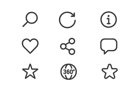 Fototapeta Interactive Icon Set. Outline icon set of Interactive features: zoom, rotate, info popup, like button, share