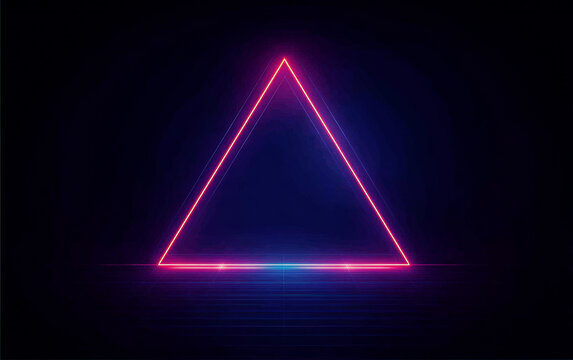Neon glowing triangle with vibrant pink and blue lights on dark background