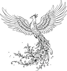 Fototapeta premium Mythical Phoenix Icon in Leaf-Feather Fusion Featuring Flowing Vines, Spread Wings, and Regal Symmetry in Line Art black and white vector 