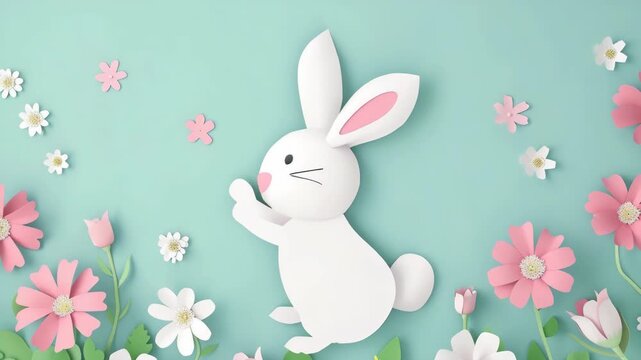Colorful hand-cut paper bunny amid spring flowers.
