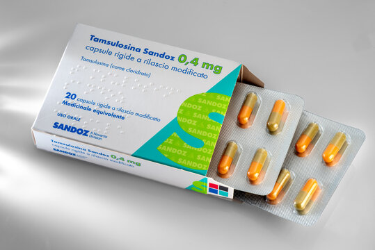 Italy - September 08, 2025: Tamsulosin Sandoz modified-release hard capsules in blister packs facilitate urination by relaxing the muscles in the prostate and bladder neck.