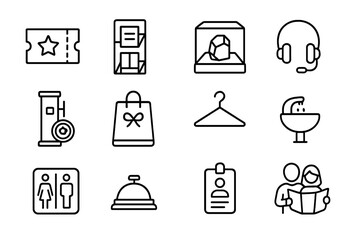 Museum Icon Set. Outline icon set of Museum stops & services: ticket stub, brochure rack, exhibit case, audio guide headset,