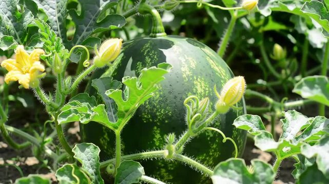 Growing Watermelon Blossoms and Fruit in the Garden