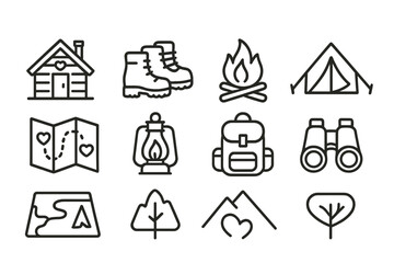 Weekend Getaway Icons. Outline icon set of Weekend getaway romance: cabin, hiking boots, campfire, tent, map,
