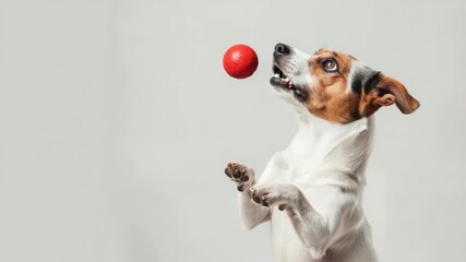 A small brown and white terrier enjoying a game of fetch with a red sports ball.