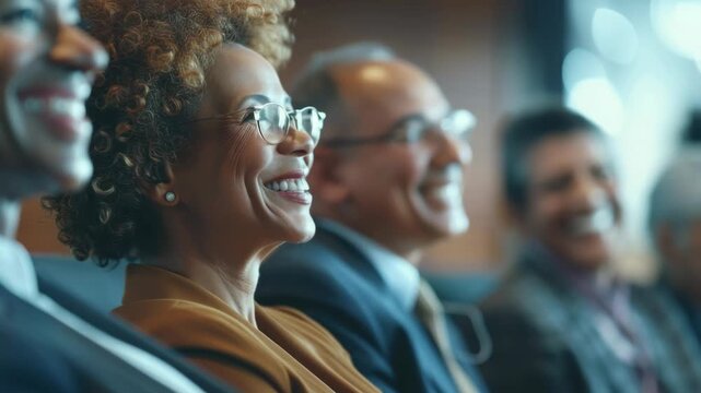 Smiling African American woman at a professional conference among a diverse audience of men and women, with the caucasian men behind her smiling, in an inclusive business setting.
