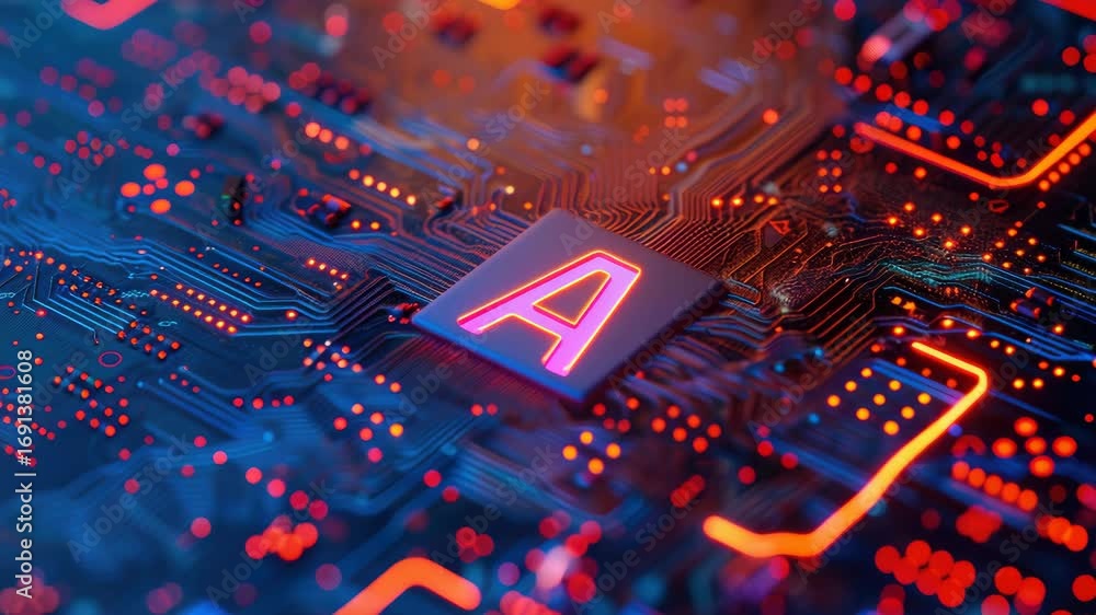 Poster close-up of advanced ai microprocessor with red illumination, symbolizing the cutting edge technolog