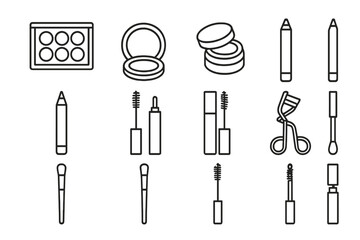 Obraz premium Neutral Makeup Icon Set. Outline icon set of Neutral eye makeup selection: nude eyeshadow palette, single taupe shadow, cream