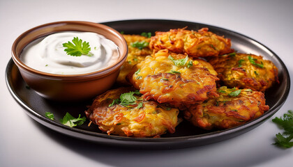 Fototapeta premium Golden Brown Onion Bhajis With Yogurt Dipping Sauce