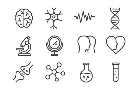 Neuroscience Empathy Icons. Outline icon set of neuroscience of empathy: human brain, neuron connections, EEG wave, DNA strand,