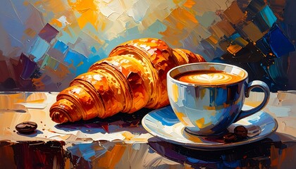 A croissant and coffee in a still life