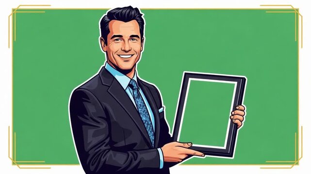 Smiling businessman in suit holding blank frame for message, presentation or mockup, standing against a green screen background with gold frame