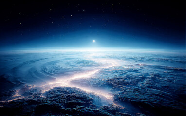 Fototapeta premium Stunning view of Earth from space with sun rising over clouds