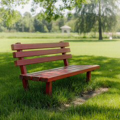 Park bench in lush green grass