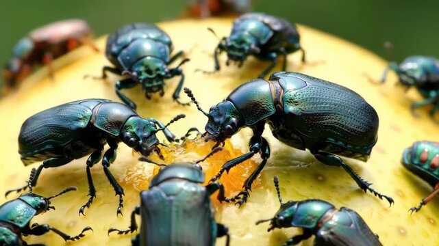 Jewel Beetles Feast Macro View of Insect Feeding