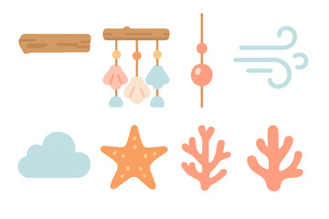 Ocean Breeze Chimes. Flat vector mini-illustrations Ocean breeze wind chimes in colors children's illustrations: driftwood piece,