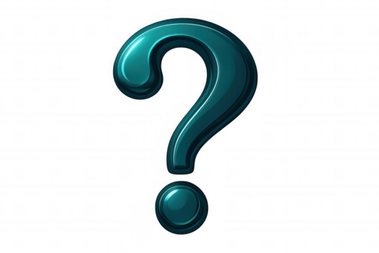 Glossy teal question mark symbol isolated on a transparent background, perfect for conveying uncertainty or raising a question