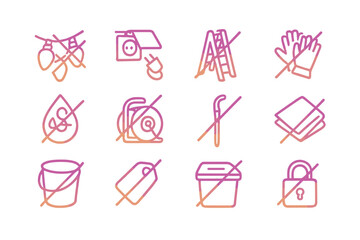 Outdoor Lights Removal Icons. Gradient icons set of removing outdoor lights: waterproof string lights, plug outdoor socket, ladder