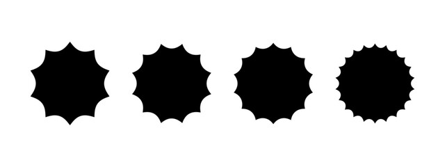 Set of black sun shapes isolated on white background. Star, sparkle, starburst or bling sign. Flash, flare or glare, light or firework, explosion, radiance magic symbol. Vector graphic illustration.